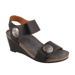 Taos Footwear Charcoal Sandals with Metallic Buttons